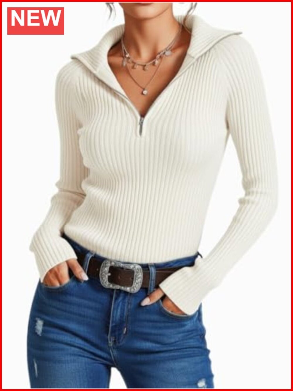 Womens Half Zip Collared Sweater Fitted Ribbed Knit Crop Pullover